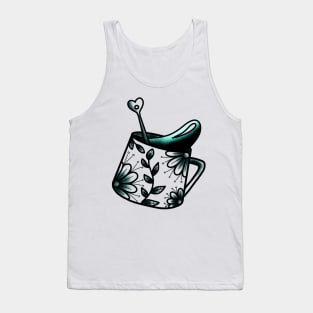 Folk tea cup with a heart teaspoon with flowers and leaves, botanical cute gift Tank Top